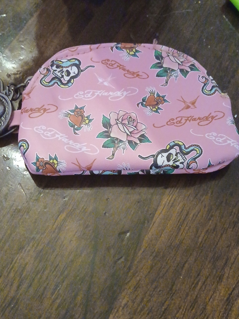 Ed Hardy Pink Tattoo-Print Coin Case Pouch NWOT